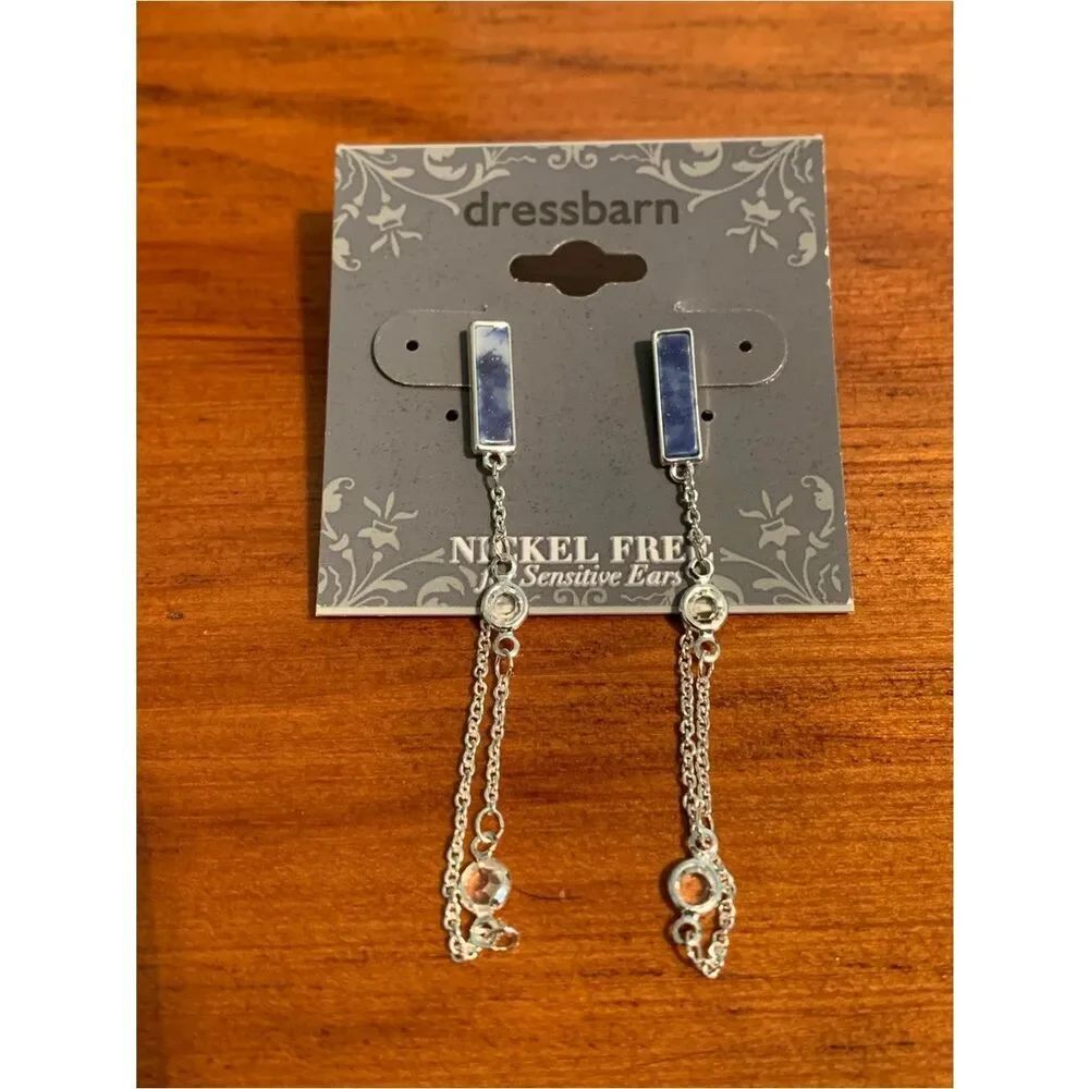 dressbarn Silver Dangle Earrings with Navy Blue Stones